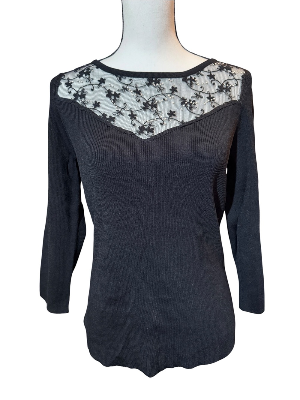 Cable & Gauge Black Lace Yoke Ribbed Knit Women's Top, size L